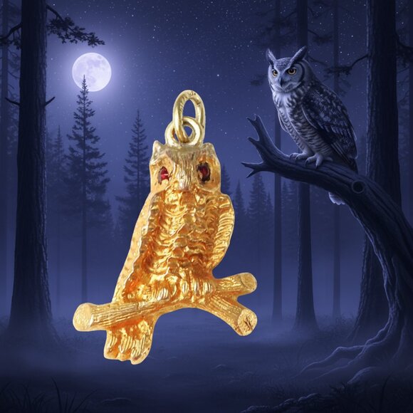 Vintage 12K Gold Filled Art Deco Owl Charm Pendant with Garnets as Eyes - Picture 3 of 8